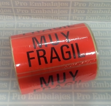 1.000 Etiquetas MUY FRÁGIL en flúor rojo, 100x50 mm. Para envios