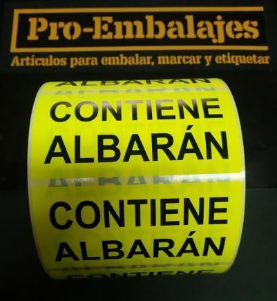 1.000 Etiquetas CONTIENE ALBARAN en flúor amarillo, 100x50 mm.