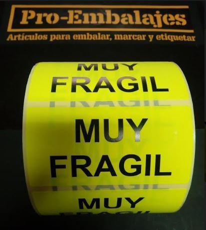 1.000 Etiquetas MUY FRAGIL en flúor amarillo, 100x50 mm.