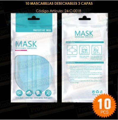 10 MASCARILLAS AZULES (1 solo uso) 3 capas, clip nasal, 170x90 mm