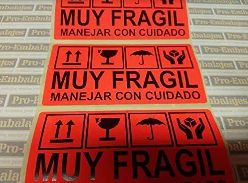 1.000 Etiquetas MUY FRAGIL - MANEJAR CON CUIDADO, 100x50 mm. ROJA